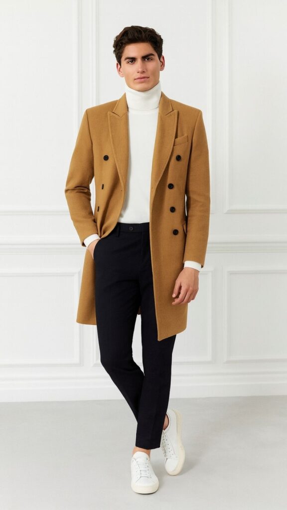 Camel And Cream Smart Casual – Camel Wool Overcoat + White Turtleneck Sweater + Black Pleated Trousers + White Leather Sneakers