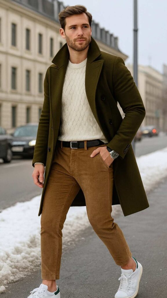 Dark Olive Overcoat + Cream Cable-Knit Sweater + Tan Corduroy Trousers + White Leather Low-Top Sneakers + Black Leather Belt