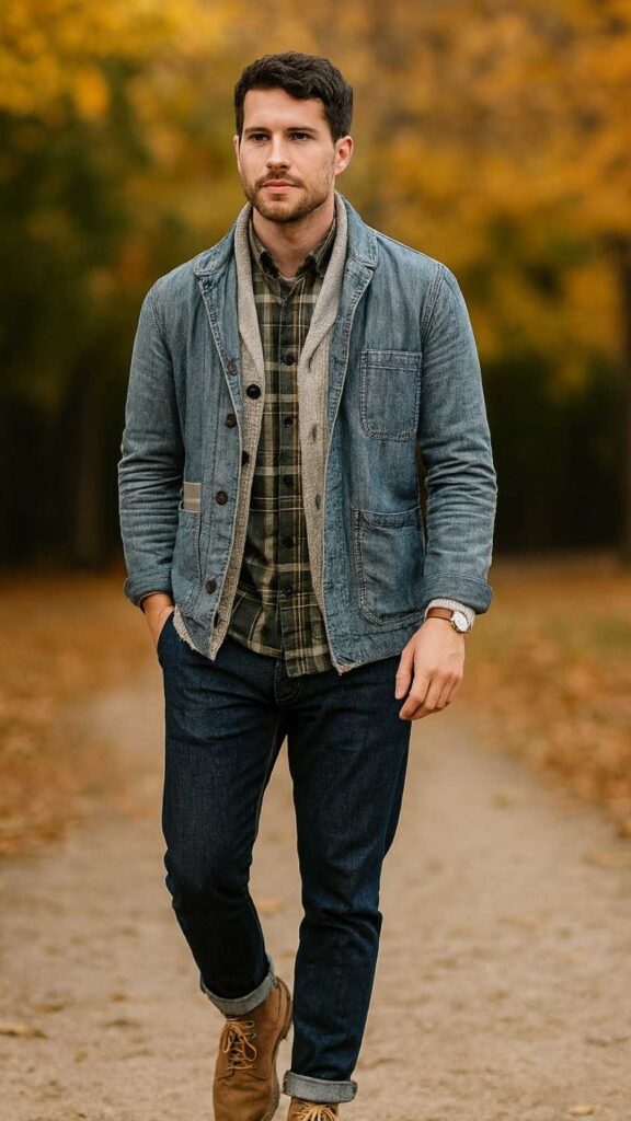Light Blue Chore Blazer + Grey Shawl-Collar Cardigan + Green/Brown Plaid Flannel Shirt + Dark Indigo Cuffed Jeans + Brown Rugged Leather Boots