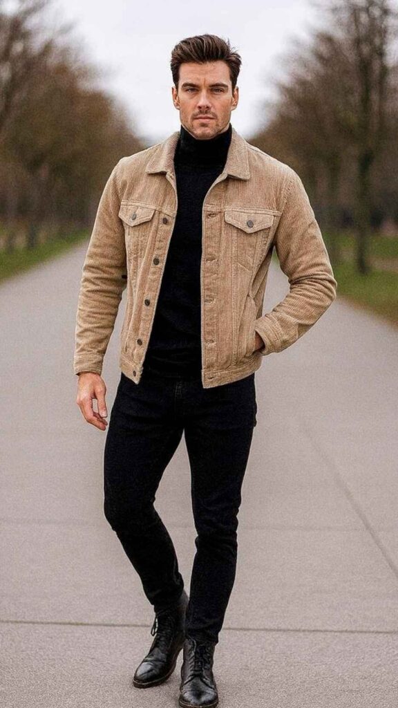 Tan Corduroy Trucker Jacket + Black Turtleneck + Black Ripped Jeans + Black Leather Lace-Up Boots