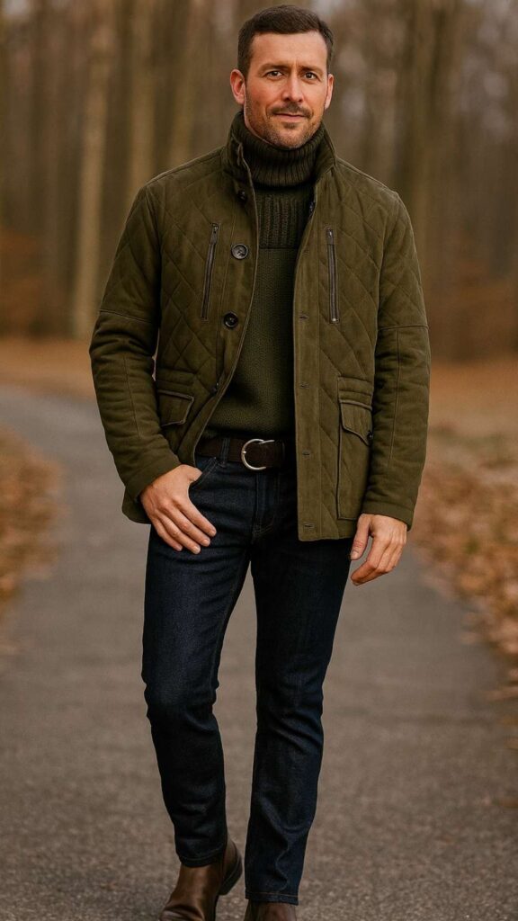 Olive Quilted Field Jacket + Chunky Olive Turtleneck + Dark Indigo Slim Jeans + Dark Brown Leather Chelsea Boots