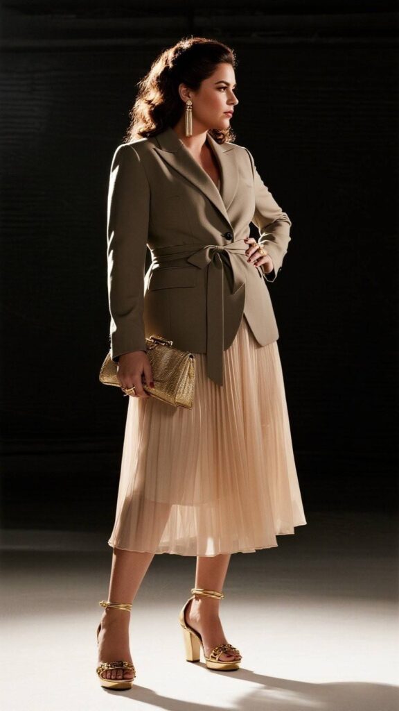 Side-part curls + linear earrings + wrapped chiffon midi dress + double-breasted blazer + box clutch + nude platform sandals