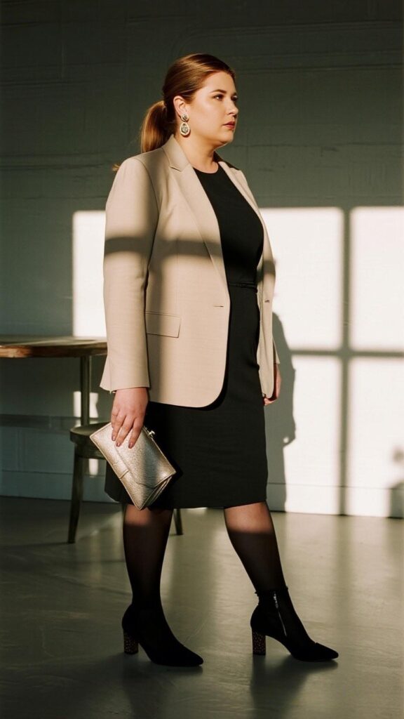 Side-Part Combs + Drop Earrings + Tailored Crepe Blazer + Fit-and-Flare Black HOCO Dress + Opaque Tights + Block-Heel Pumps + Envelope Clutch