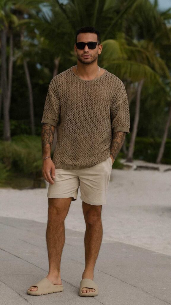 Loose Knit Taupe Sweater + Beige Shorts + Beige Slide Sandals + Black Sunglasses