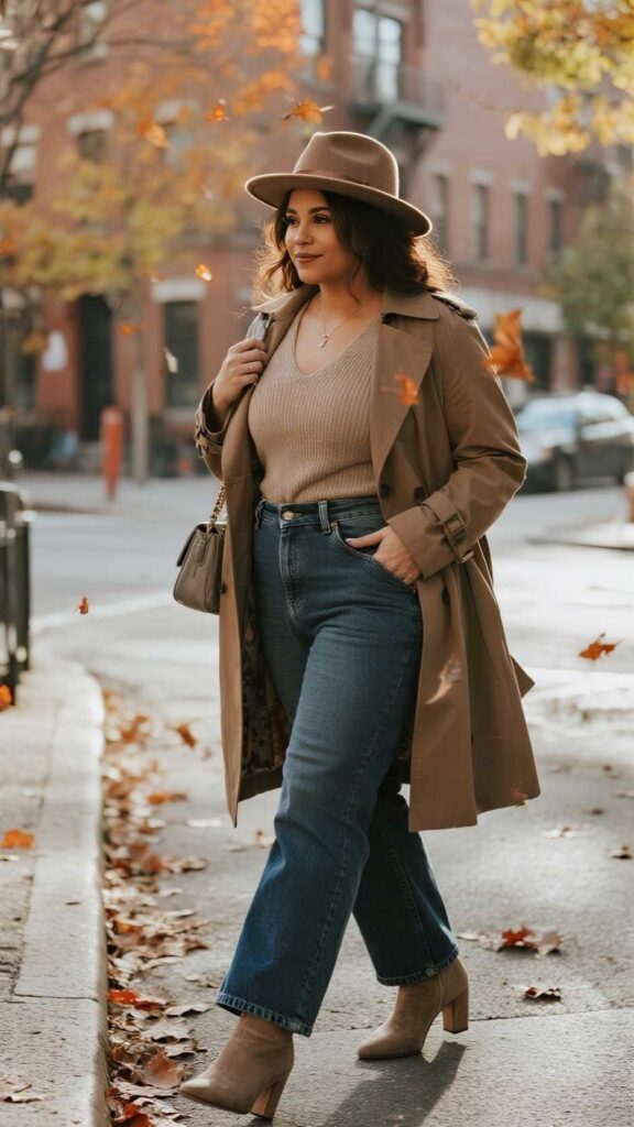 Felt Fedora + Longline Belted Trench + Wrap Knit Top + High-Rise Wide-Leg Jeans + Block-Heel Ankle Boots + Structured Tote
