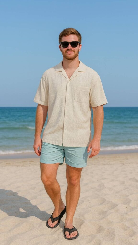 Cream Textured Shirt + Light Blue Shorts + Black Flip-Flops