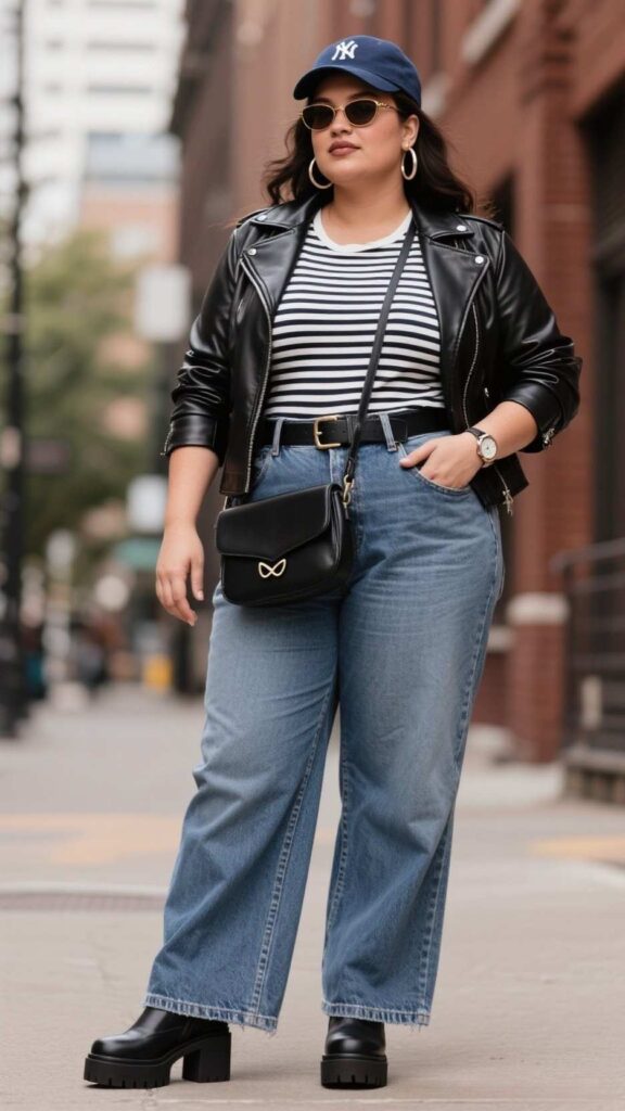 Baseball cap + Breton striped tee + cropped leather biker jacket + wide-leg jeans + slim belt + platform Chelsea boots + crossbody bag + cat-eye sunglasses + hoop earrings + watch