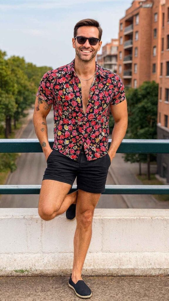 Black Floral Shirt + Black Short Shorts + Black Espadrilles + Sunglasses + Chain