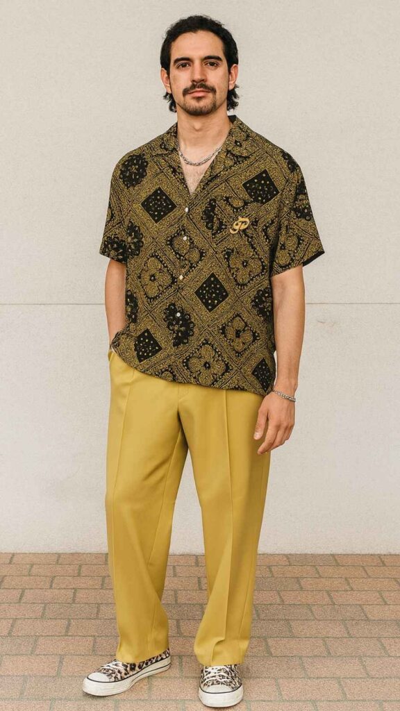 Black And Gold Bandana Print Shirt + Mustard Wide-Leg Trousers + Leopard Slip-On Sneakers