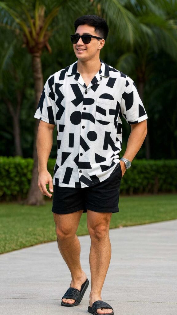 Abstract Graphic Shirt + Black Chino Shorts + Slide Sandals