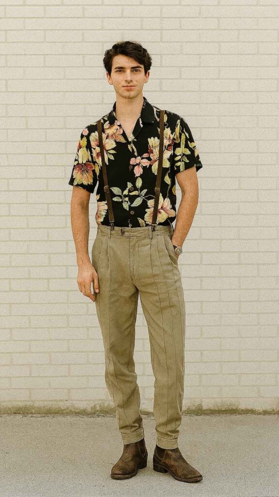 Black Floral Camp Shirt + Olive Pleated Trousers + Brown Suspenders + Brown Chelsea Boots