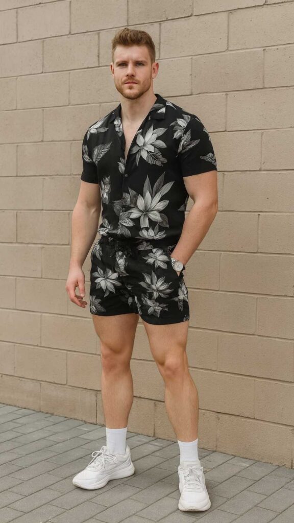 Black & White Floral Co-ord Shirt + Matching Floral Shorts + White Crew Socks + White Runners + Minimal Watch