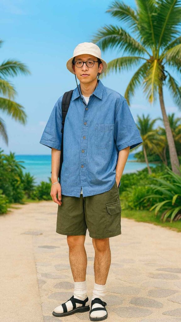 Cream Bucket Hat + Round Glasses + Light-Blue Camp Shirt + White Tee + Black Backpack + Olive Cargo Shorts + White Thick Socks + Black Sport Sandals
