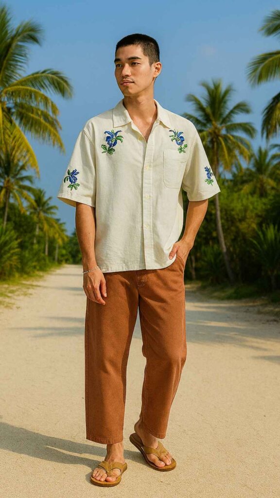 Ivory Floral-Embroidered Box Shirt + Clay Cropped Chinos + Tan Leather Thong Sandals