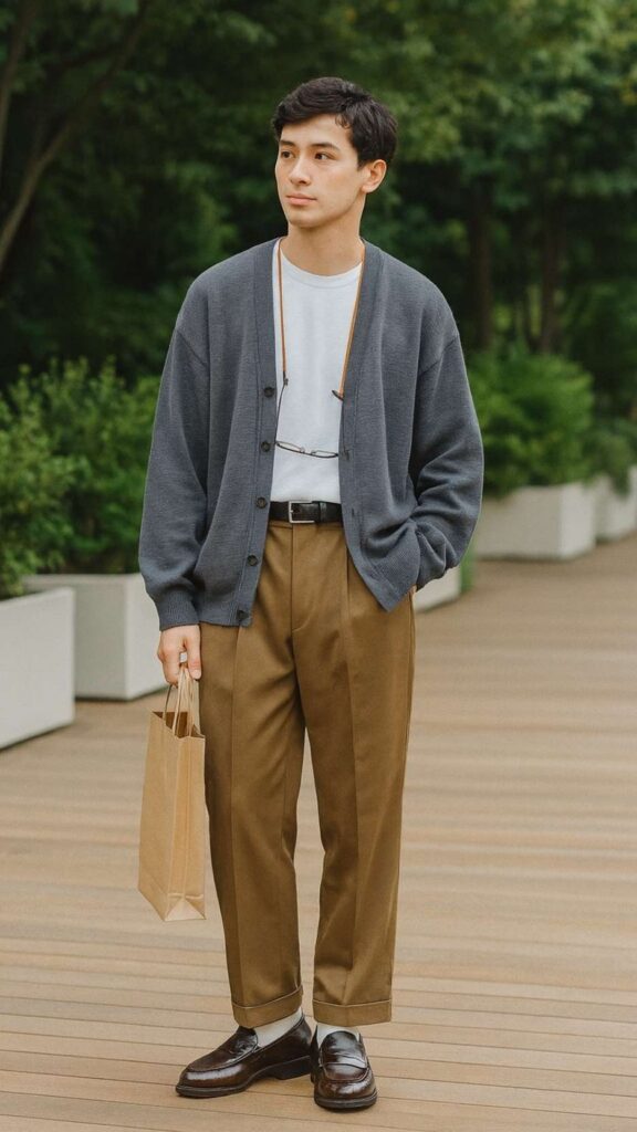 Slate Gray Oversized Cardigan + White Tee + Camel Cropped Pleated Trousers + Burgundy Penny Loafers