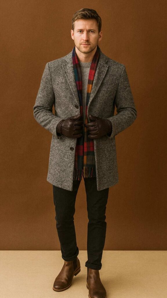 Gray Tweed Overcoat + Gray Crewneck Knit + Multicolor Tartan Scarf + Black Jeans + Brown Leather Chelsea Boots