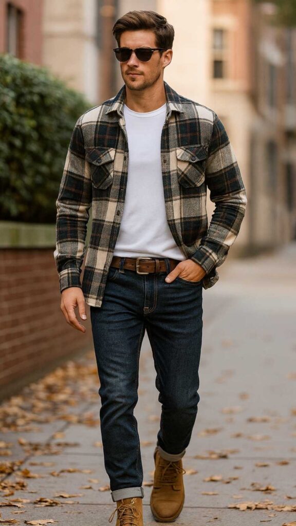 Green/Cream Plaid Flannel Overshirt + White Tee + Dark Indigo Jeans + Brown Leather Work Boots + Brown Belt