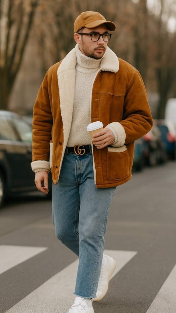 Tan Shearling Jacket + Cream Cable Turtleneck + Light-Blue Cropped Jeans + White Retro Sneakers + Tan Cap + Black Glasses + Black Belt