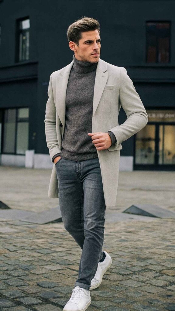 Grey Overcoat With Denim – Light-Grey Overcoat + Charcoal Turtleneck + Washed-Grey Slim Jeans + White Sneakers