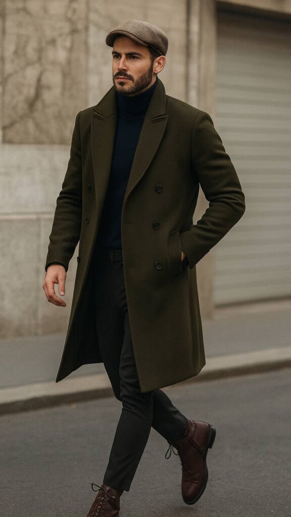 Dark Olive Overcoat + Navy Turtleneck + Charcoal Skinny Trousers + Oxblood Lace-Up Boots + Brown Tweed Flat Cap