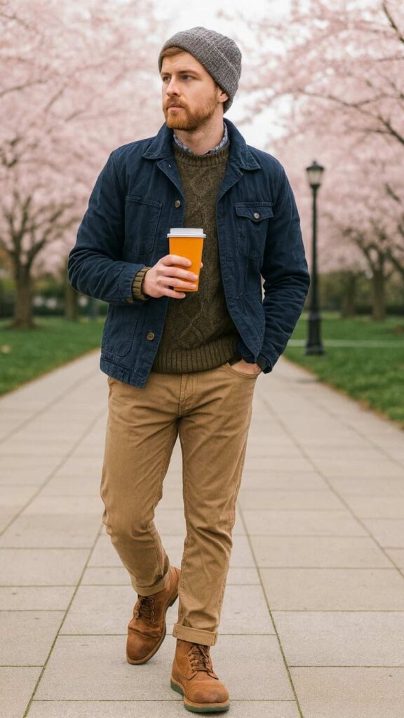 Navy Field Jacket + Olive Cable-Knit Sweater + Light Blue Oxford Shirt + Tan Chinos + Brown Leather Cap-Toe Boots + Grey Knit Beanie