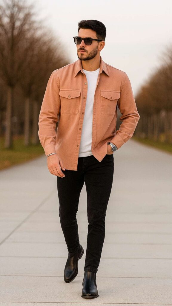 Terracotta Overshirt (Shacket) + White Tee + Black Skinny Jeans + Black Leather Chelsea Boots