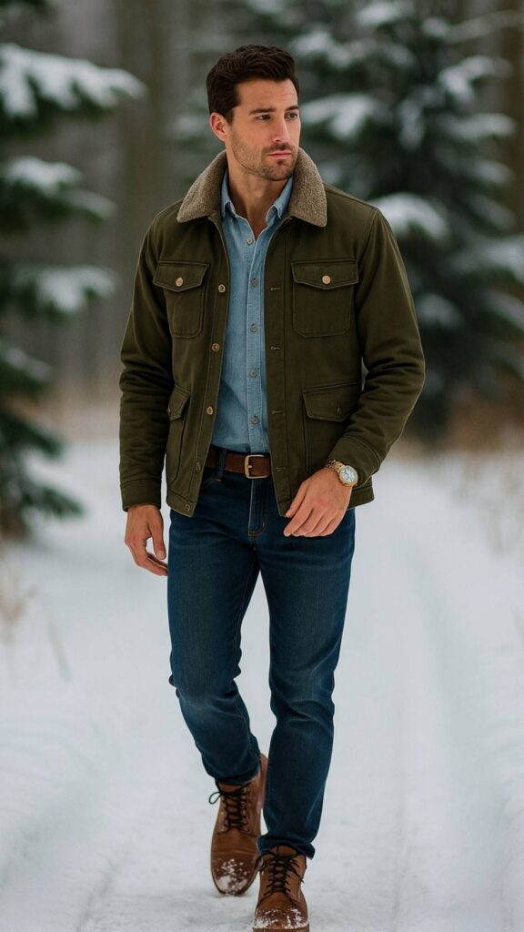 Olive Sherpa-Collar Field Jacket + Light Blue Chambray Shirt + Medium-Dark Blue Jeans + Brown Leather Lace-Up Boots