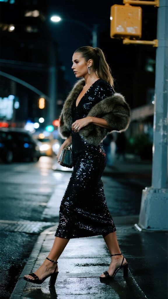 High Ponytail + Ear Climbers + Sequin Fit-and-Flare Dress + Faux-Fur Stole + Box Clutch + Bare Legs + Platform Sandals