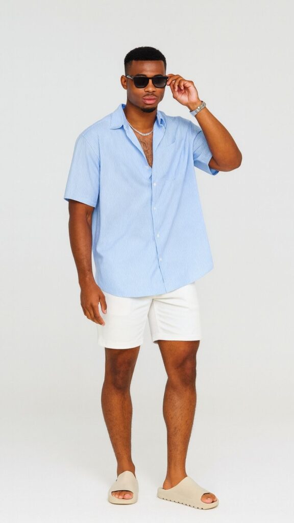 Open Blue Shirt + White Shorts + Transparent Sandals + Silver Chain