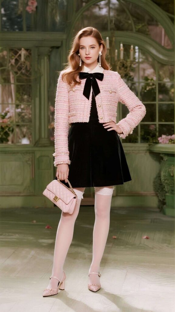 Soft waves + Pearl drop earrings + Velvet bow necktie + Cropped tweed cardigan + A-line skater dress + Quilted clutch + Sheer knee-highs + Mary Jane pumps