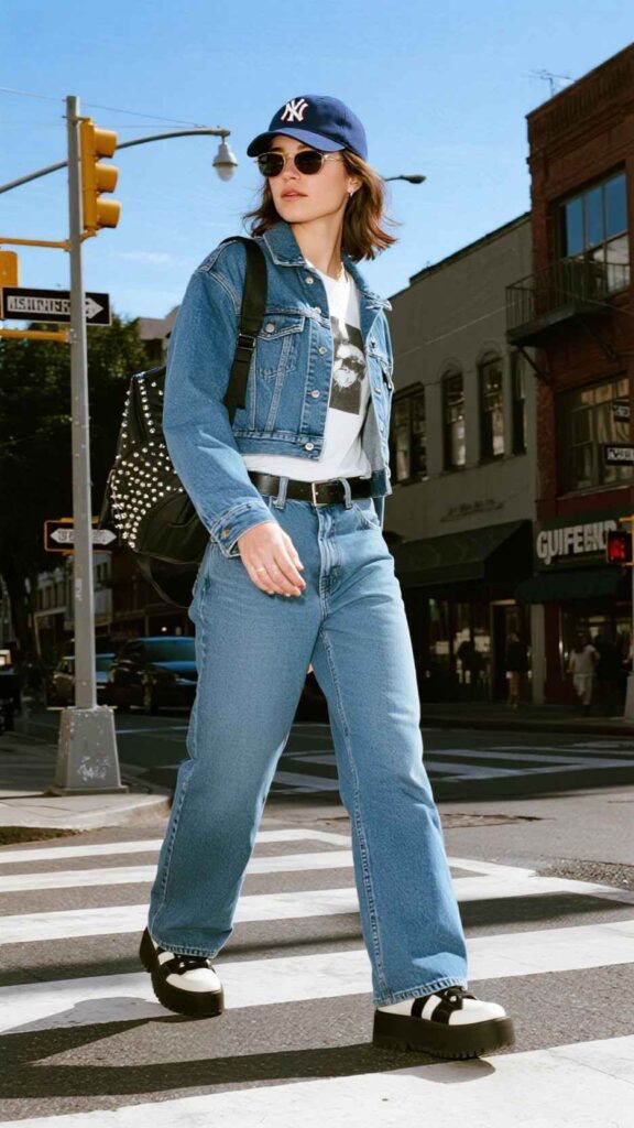 Baseball Cap + Denim Trucker Jacket + Graphic Tee + Wide-Leg Jeans + Platform Sneakers + Mini Backpack + Wayfarer Sunglasses