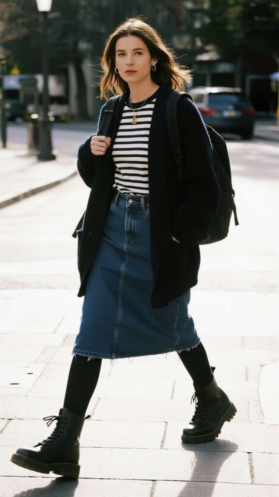 Beanie + Oversized Cardigan + Breton Stripe Tee + Pencil Denim Skirt + Thermal Leggings + Lug-Sole Combat Boots + Backpack + Minimal Pendant Necklace