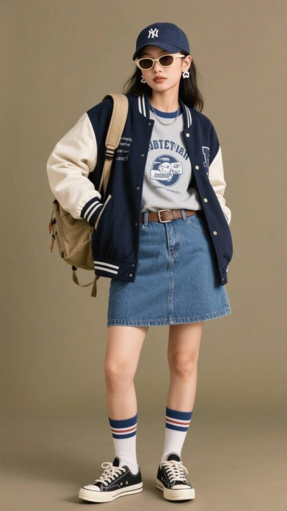 Baseball Cap + Wayfarers + Satin-Trim Bomber Jacket + Graphic Sweatshirt + Button-Front Blue Jean Skirt + Crew Socks + Retro Sneakers + Canvas Belt + Backpack + Stud Earrings