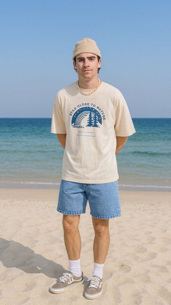 Beige Beanie + Oversized Graphic T-Shirt + Blue Denim Shorts + White Socks + Taupe Sneakers