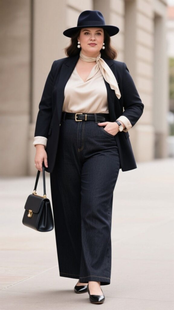 Felt fedora + silk blouse + tailored blazer + dark wide-leg jeans + slim leather belt + pointed-toe loafers + structured satchel + pearl studs + lightweight scarf + watch