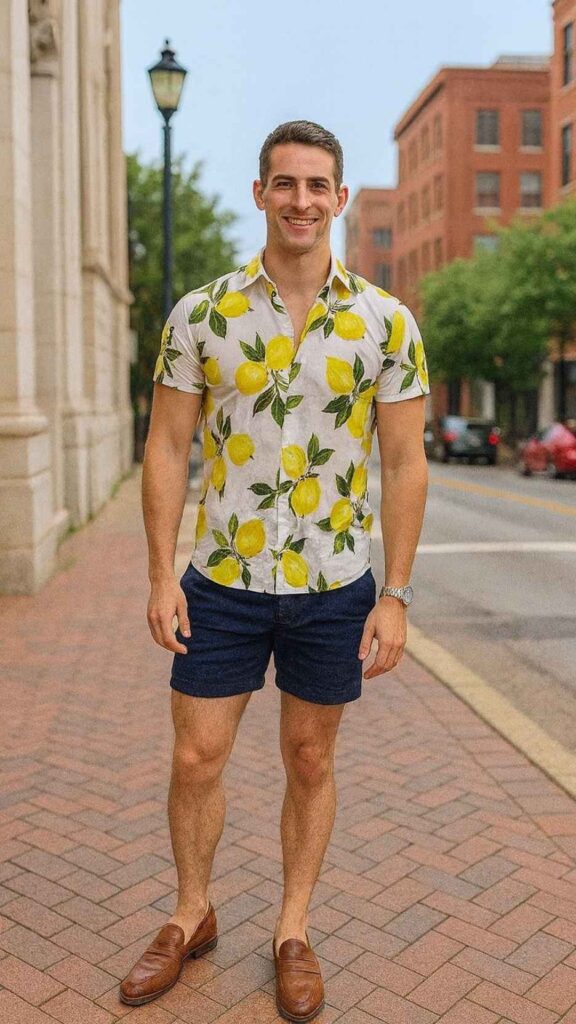 Lemon Print Shirt + Navy Short Shorts + Brown Loafers + Sunglasses
