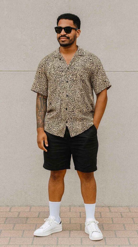 Leopard Micro Print Shirt + Black Chino Shorts + White Low-Top Sneakers