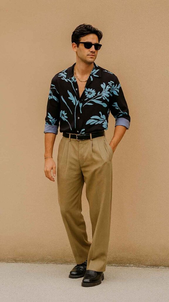 Navy Botanical Zip Shirt + Sand Wide-Leg Linen Trousers + Black Chunky Derbies