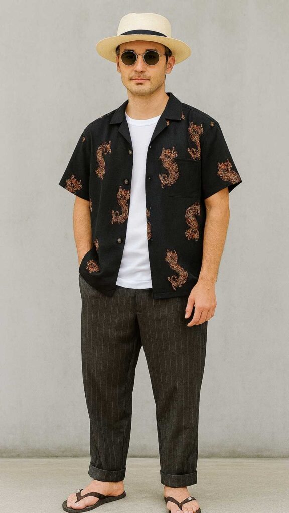 Ivory Panama Hat + Gold-Rim Sunglasses + Black Dragon Print Shirt + White Crew Tee + Brown Pinstripe Trousers + Black Leather Flip-Flops