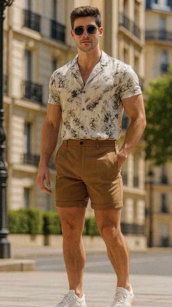 Sand Marble Camp Shirt + High-Waisted Camel Shorts + White Retro Sneakers + Aviator Shades