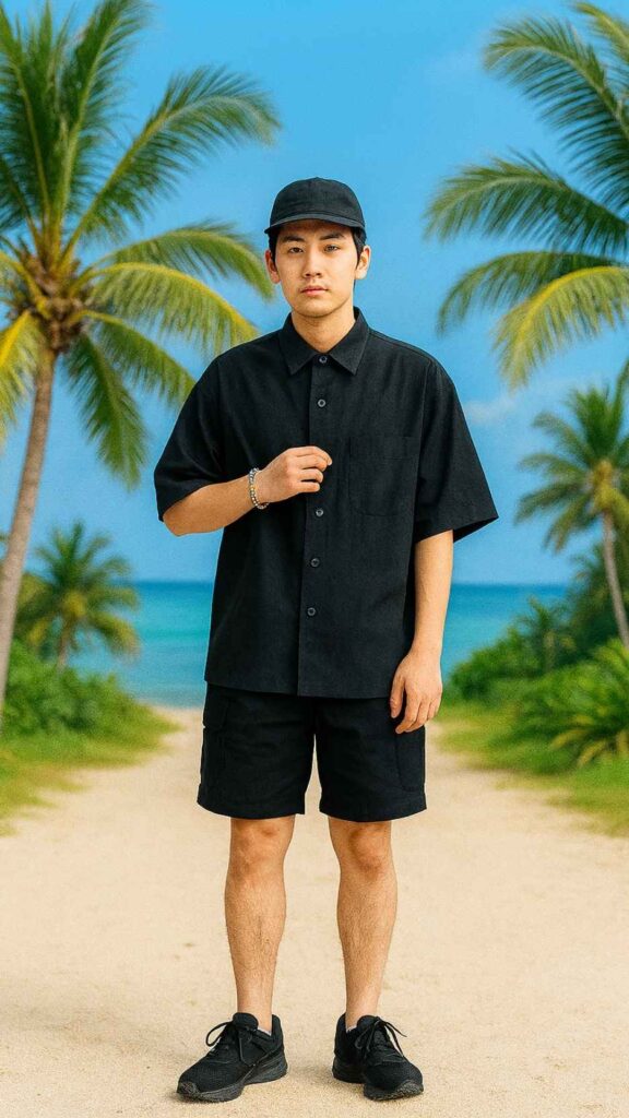 Black Five-Panel Cap + Charcoal Short-Sleeve Shirt + Black Cargo Shorts + Black Chunky Sneakers