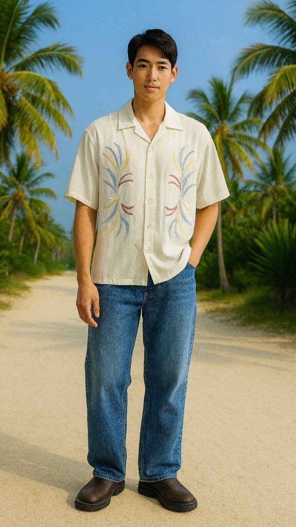 Cream Pastel-Frond Camp Shirt + Light-Wash Relaxed Jeans + Taupe Rubber-Clad Clogs
