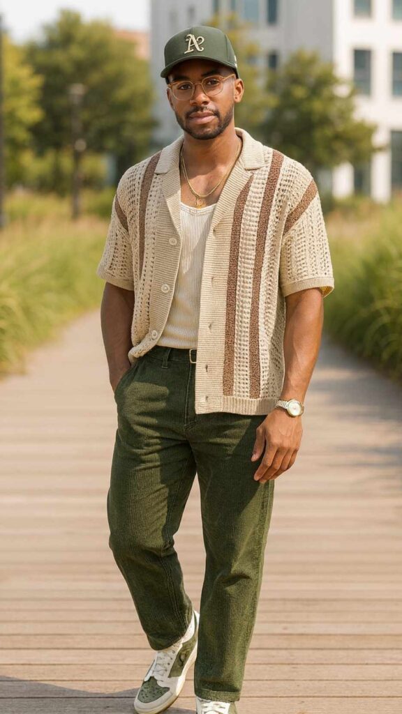 Beige Open-Knit Short-Sleeve Cardigan + White Tank + Dark-Olive Corduroy Trousers + Green/White Sneakers + Green Baseball Cap + Gold Watch + Chain