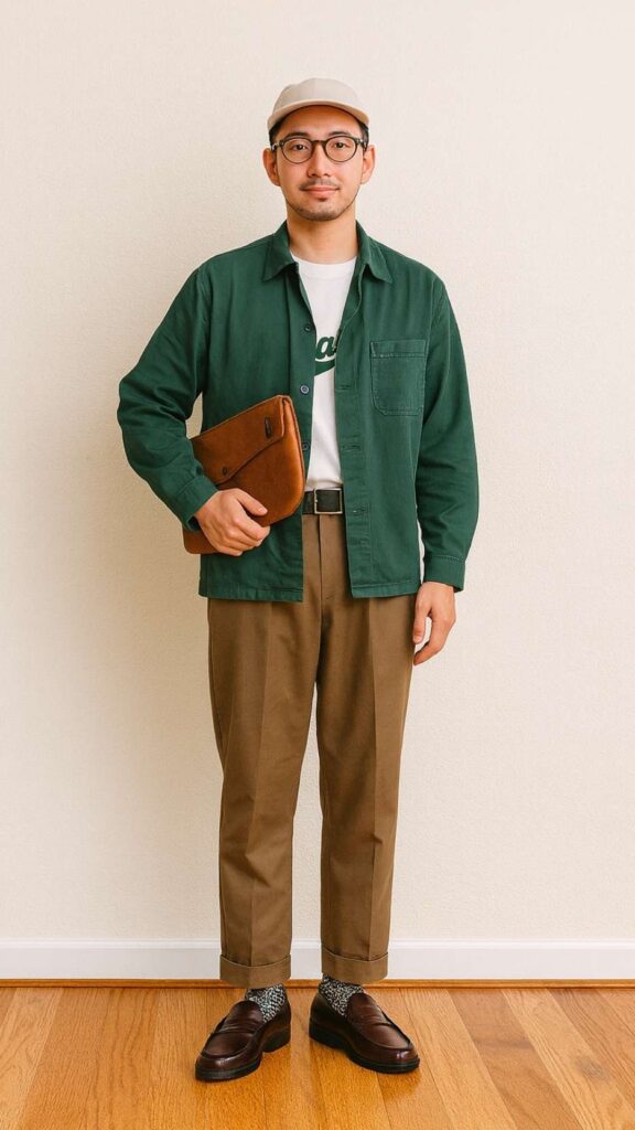 Forest Green Chore Jacket + White Graphic Tee + Camel Pleated Chinos + Black Penny Loafers + Patterned Socks + Light Gray Cap + Brown Leather Clutch