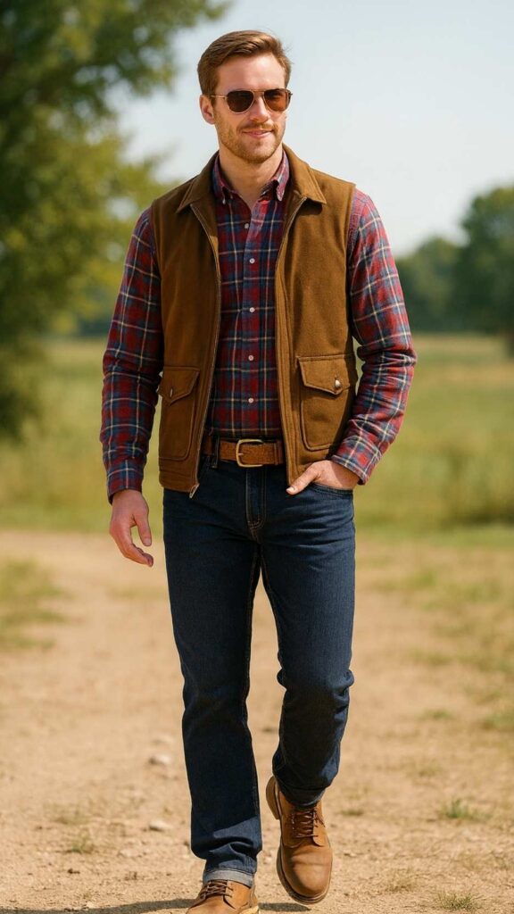 Brown Utility Vest + Red/Navy Plaid Shirt + Dark Blue Jeans + Tan Suede Chelsea Boots + Tooled Leather Belt