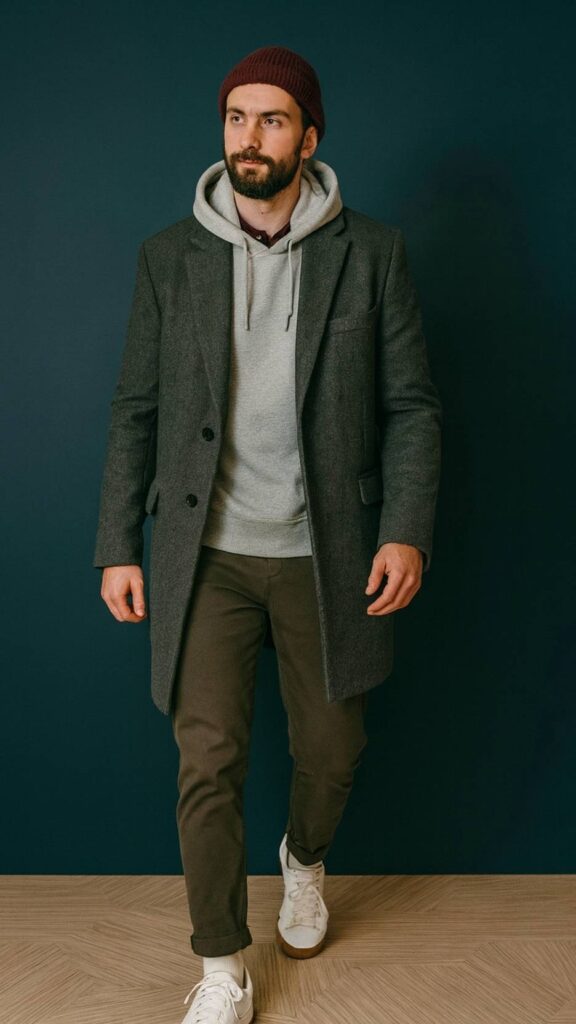 Mid-Gray Overcoat + Heather-Gray Hoodie + Dark Olive Chinos + White Leather Sneakers + Maroon Beanie