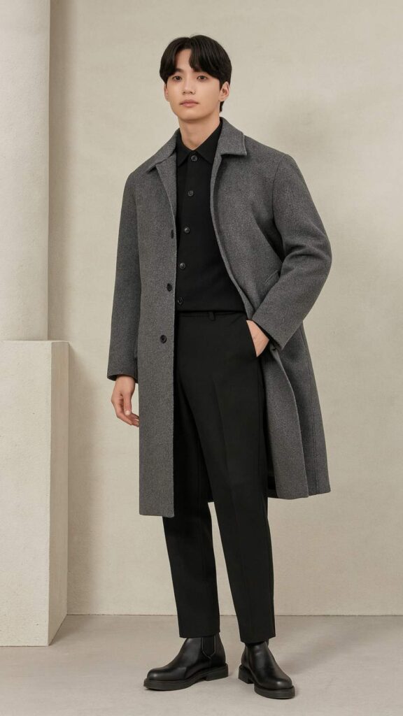 Charcoal And Black Minimal – Charcoal Overcoat + Black Overshirt + Black Tailored Trousers + Black Leather Chelsea Boots