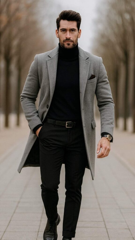 Mid-Grey Tailored Overcoat + Black Turtleneck + Black Slim Trousers + Black Leather Belt + Black Derby Shoes + Brown Pocket Square