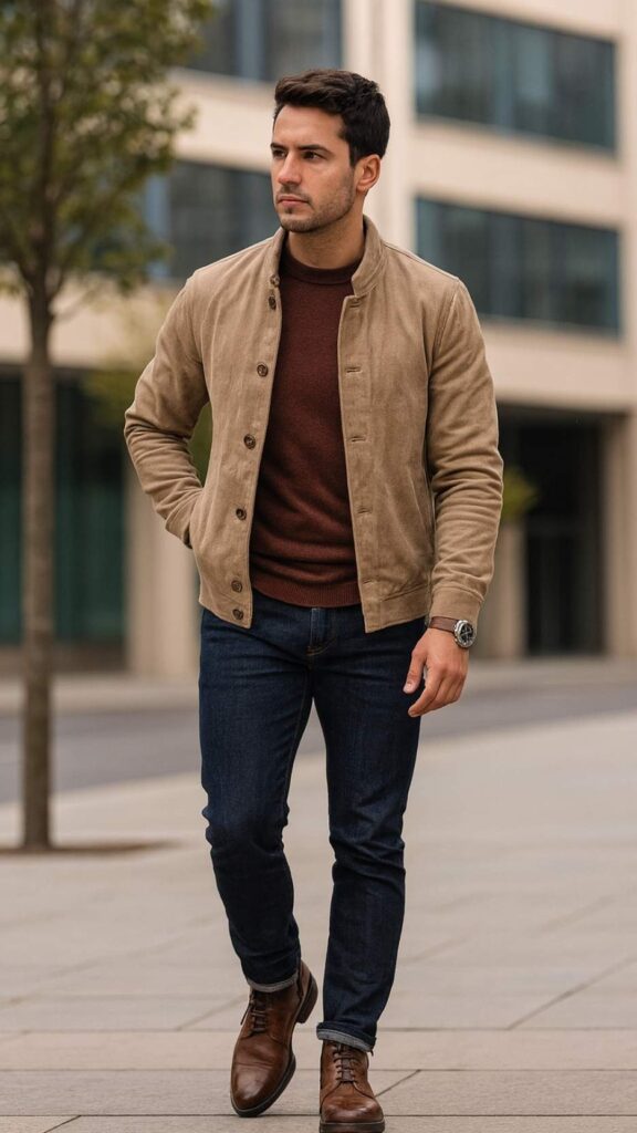 Sand Suede Bomber Jacket + Rust Crewneck Sweater + Dark Indigo Slim Jeans + Brown Dress Boots