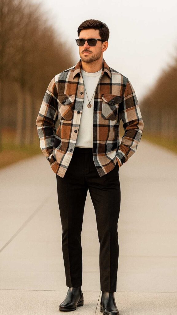 Brown/Grey Plaid Shacket + White Tee + Black Tailored Trousers + Black Leather Chelsea Boots